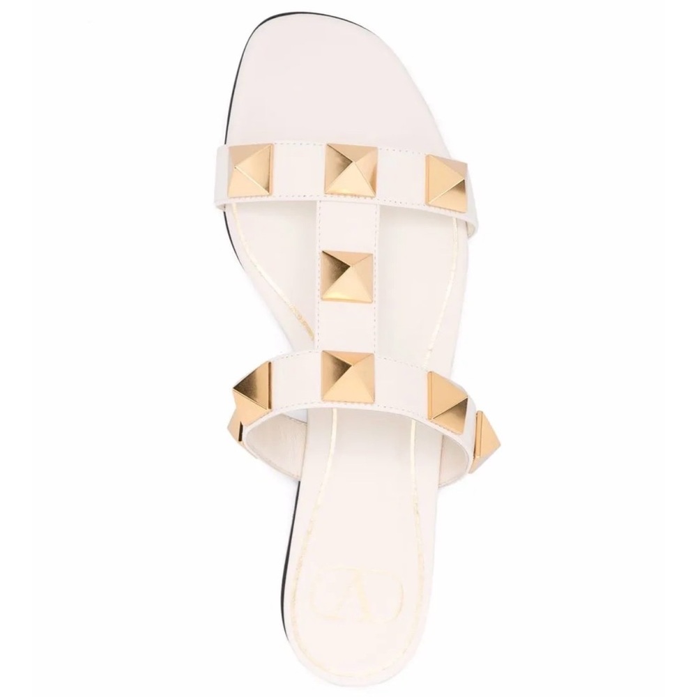 Valentino Garavani White Slide Sandals with Gold Pyramid Studs